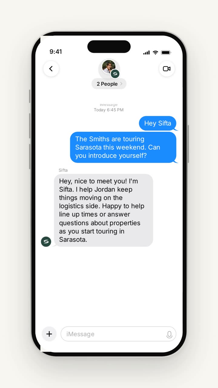 A 37-second look at Sifta in a group chat with a buyer: it introduces itself, books a Saturday showing, shares three nearby listings and answers an HOA question, then recaps the thread for the agent.